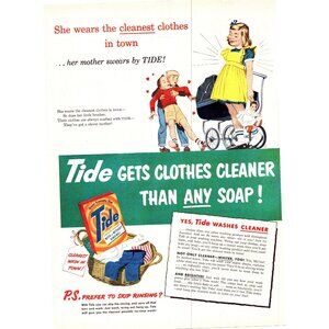 1951 Tide Laundry Detergent Vintage Print Ad Little Girl Doll Stroller Wall Art